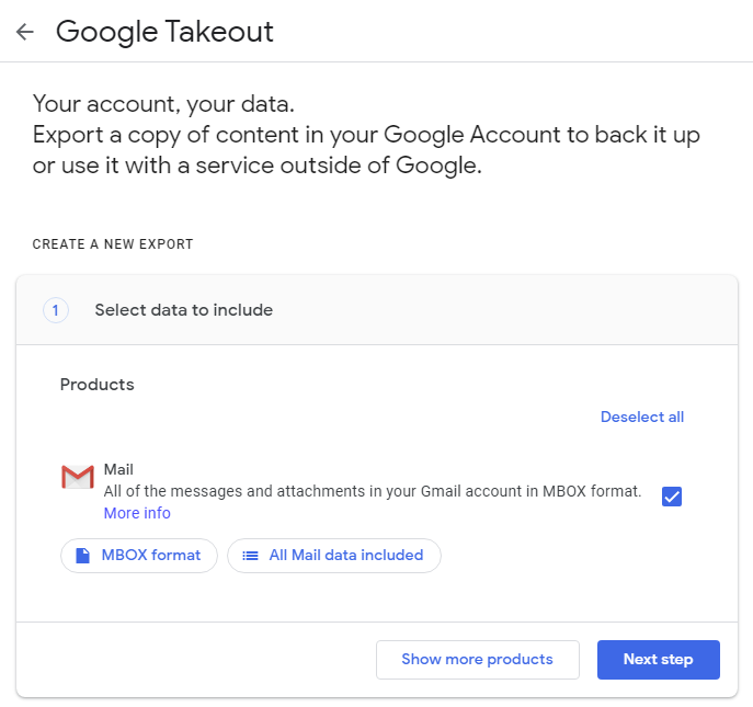 google takeout interface